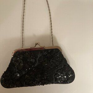 Beaded Floral Black Kiss Lock Clutch Purse with Chain Strap